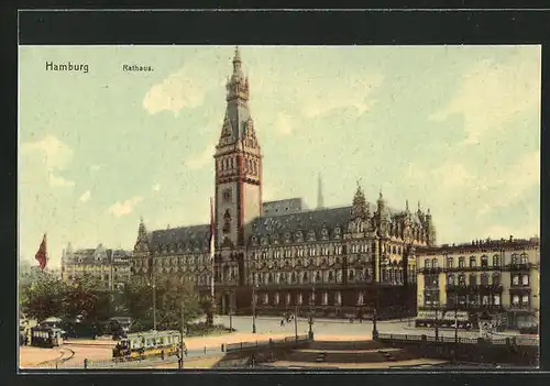 AK Hamburg, Strassenpartie mit Restaurant und Rathaus, Strassenbahn