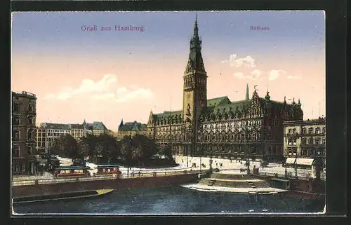 AK Hamburg, Rathaus mit Strassenbahn