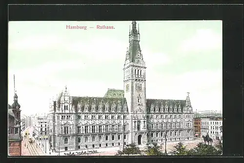 AK Hamburg, Rathaus mit Strassenbahn