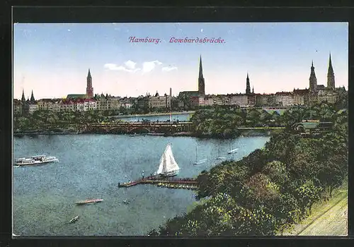 AK Hamburg, Lombardsbrücke mit Segelboot