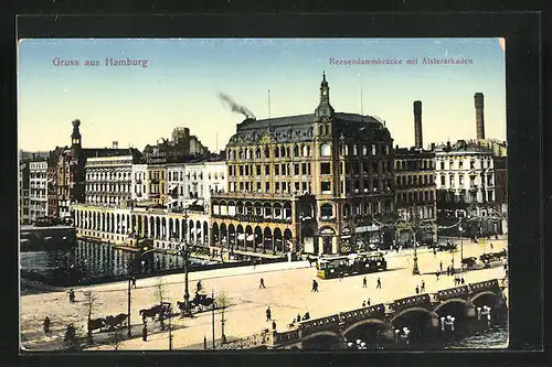 AK Hamburg, Reesendammbrücke mit Alsterarkaden und Strassenbahn