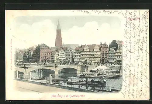 AK Hamburg, Messberg und Jacobikirche mit Brücke