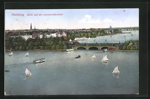 AK Hamburg, Blick auf die Lombardsbrücke mit Segelbooten