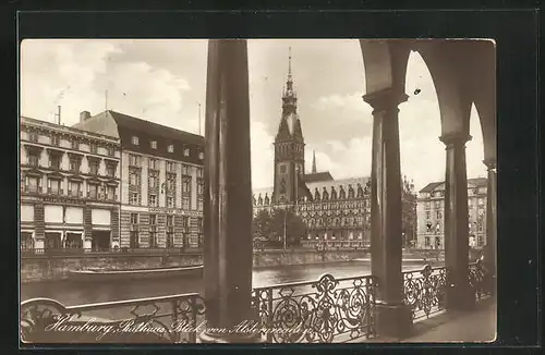 AK Hamburg, Rathaus Blick mit Geschäfts- und Bankenhäusern von Alsterarcaden