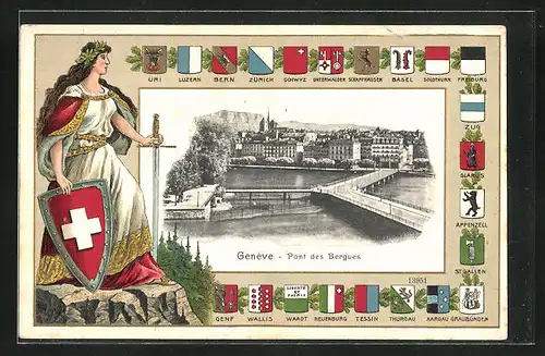 Präge-AK Genève, Pont des Bergues, Wappen, Helvetia