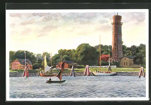 Künstler-AK Travemünde, Blick zum Leuchtturm