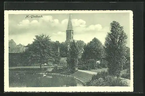 AK M. Gladbach, Parkpartie mit Kirchturm