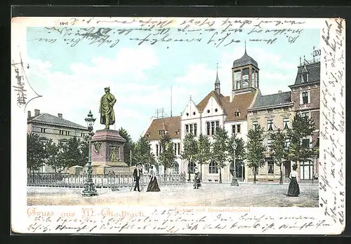 AK M. Gladbach, Postamt und Bismarckdenkmal