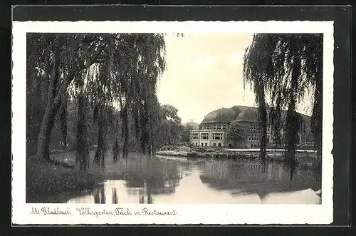 AK Mönchengladbach, Volksgarten-Restaurant vom Teich gesehen