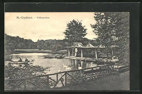 AK Mönchengladbach, Volksgarten, Ruderbootverleih, Schwäne