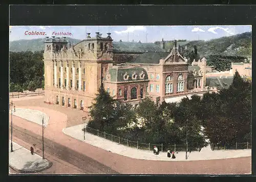 AK Coblenz, Festhalle aus der Vogelschau