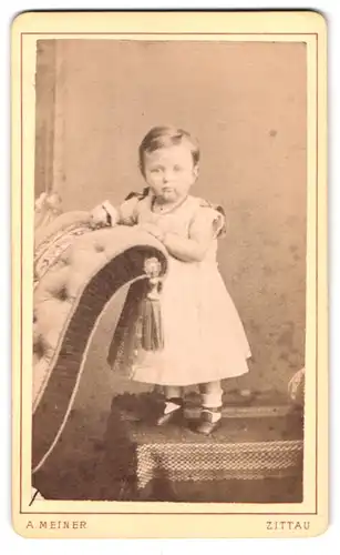 Fotografie Adolph Meiner, Zittau, Portrait kleines Mädchen im modischen Kleid