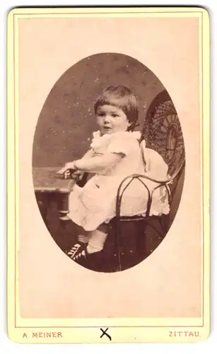 Fotografie Adolph Meiner, Zittau, Portrait süsses Kleinkind im hübschen Kleid