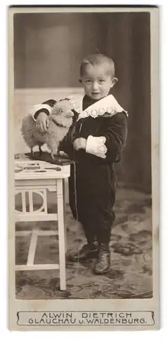 Fotografie Alwin Dietrich, Glauchau, Portrait kleiner Junge im Samtanzug mit Spielzeugschaf