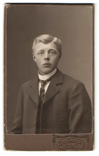 Fotografie Ester Andersson, Gnosjö, Portrait junger blonder Mann im Anzug mit gemustereter Krawatte