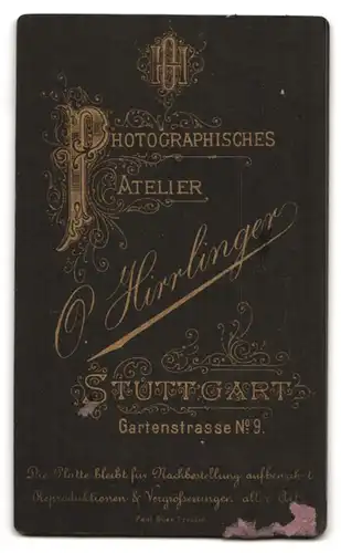 Fotografie O. Herrlinger, Stuttgart, Gartenstrasse 9, Portrait Dame im Biedermeierkleid mit Locken und Brosche