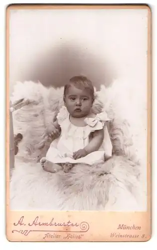 Fotografie A. Armbruster, München, Weinstrasse 8, Portrait Kleines Kind im weissen Kleid auf einem Fell sitzend