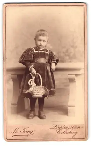 Fotografie M. Jung, Lichtenstein i. Sa., Schulgasse 175, Portrait Mädchen im samtenen Kleid mit Strohkorb