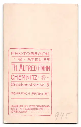 Fotografie Th. Alfred Hahn, Chemnitz, Brückenstrasse 5, Portrait junger Knabe im Anzug mit Melone und Bibel