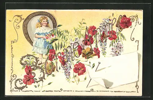 Präge-AK Mädchen mit Blumen und Hufeisen, Neujahrsgruss