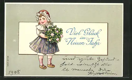 Präge-AK Kleines Mädchen mit einem Blumenstrauss, Neujahrsgruss