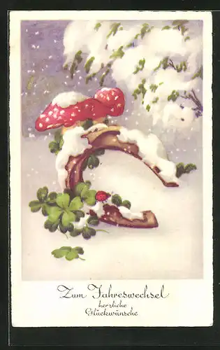 AK Hufeisen und Fliegenpilze mit Klee im Schnee, Neujahrsgruss