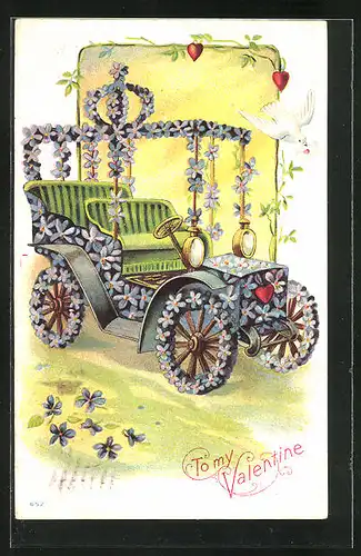 Präge-AK Blumenbild, Auto und Brieftaube mit Kuvert