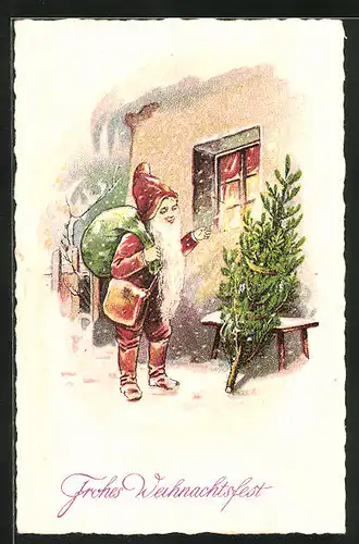 AK Weihnachtsmann vor dem Haus bei Schnee, Weihnachtsgruss