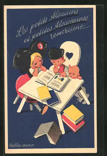 AK Les petits Alsaciens.., Kinder beim Lernen am Tisch, Kinderfürsorge