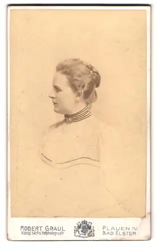 Fotografie Robert Graul, Plauen i. V., Bahnhofstrasse 21, Portrait Dame mit Hochsteckfrisur im Hochkragenkleid