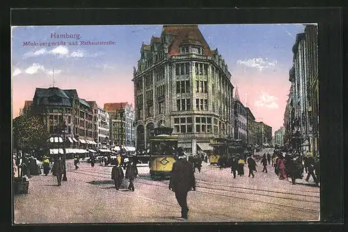 AK Hamburg, Mönkebergstrasse und Rathausstrasse, Strassenbahnen