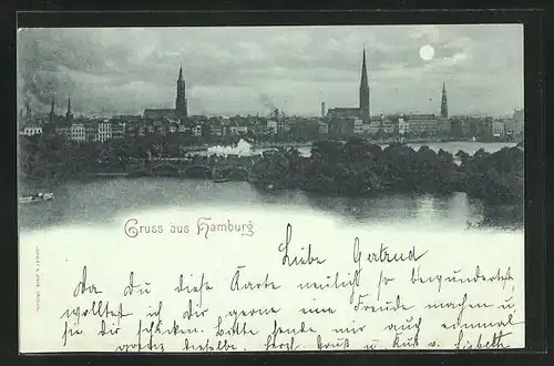 Mondschein-AK Hamburg, Panorama der Stadt