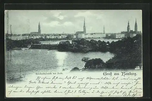 Mondschein-AK Hamburg, Lombardsbrücke mit Stadt