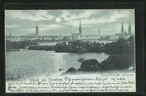 Mondschein-AK Hamburg, Lombardsbrücke mit Stadt