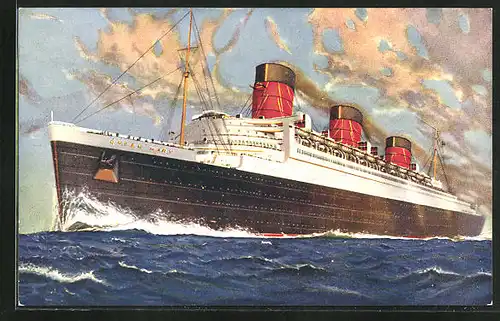 Künstler-AK Passagierschiff RMS Queen Mary unter Volllast, Cunard-White Star Line