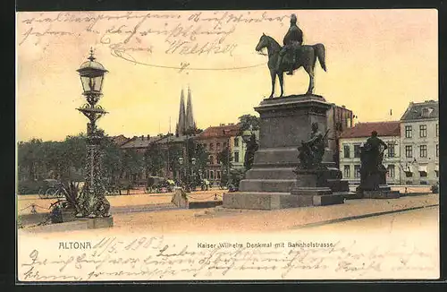 AK Hamburg-Altona, Kaiser Wilhelm Denkmal in der Bahnhofstrasse am frühen Abend