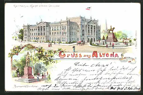 Lithographie Hamburg-Altona, Rathaus mit Kaiser Wilhelm-Denkmal, Bismarck-Denkmal