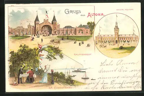 Lithographie Hamburg-Altona, Am Elbestrand, Hauptbahnhof, Kaiserl. Postamt