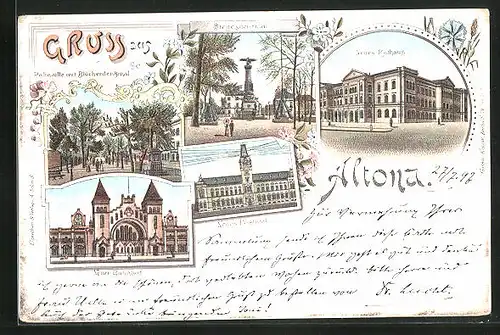 Lithographie Hamburg-Altona, Siegesdenkmal, Palmaille mit Blücherdenkmal