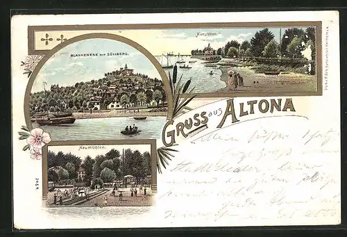 Lithographie Hamburg-Altona, Neumühlen, Blankenese mit Süllberg, Nienstetten