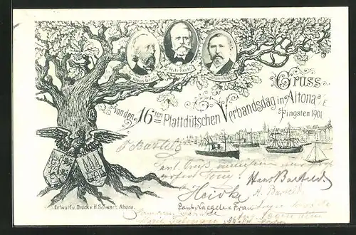 AK Hamburg-Altona a. E., 16ter Plattdütscher Verbandstag in Altona 1901, Teilansicht und Boote, Baum mit Klaus Groth