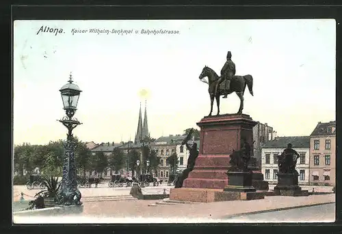 AK Hamburg-Altona, Kaiser Wilhelm Denkmal und Bahnhofstrasse