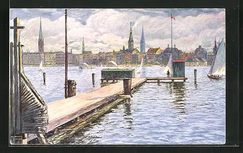 Künstler-AK Hamburg-Neustadt, Binnenalster mit Blick zur Stadt