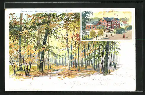 Lithographie Hamburg-Hausbruch, Gasthaus zur Ohe von J. Trümper, Spaziergänger im Herbstwald