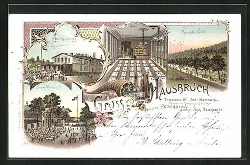 Lithographie Hamburg-Hausbruch, Hotel Reiherberg, Chaussee und Wald