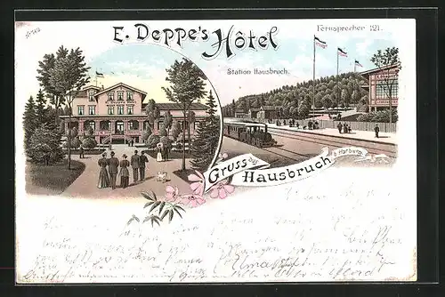 Lithographie Hamburg-Hausbruch, E. Deppes Hotel, Bahnhof Hausbruch