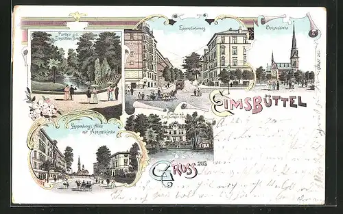 Lithographie Hamburg-Eimsbüttel, Parthie a. d. Eimsbüttler Park, Lappenberg`s Allee mit Apostelkirche