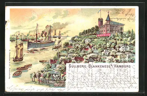 Lithographie Hamburg-Blankenese, Hotel Süllberg mit Elbpartie