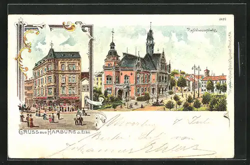 Lithographie Hamburg-Harburg, Rathhausplatz, Kaufhaus J. Cobn & Co.