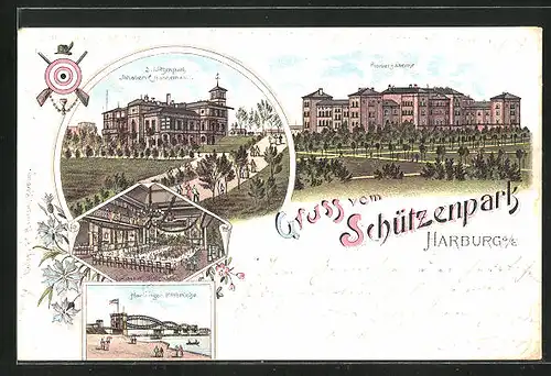 Lithographie Hamburg-Harburg, Gasthaus Schützenpark, Harburger Elbbrücke